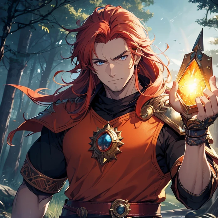 High Resolution, HD, High Quality, Super Detailed, High Details, Masterpiece, Anime, Anime Style, Character Design,
{{one character: elder male 700 years old red haired barbarian paladin king: (blue eyes, fair skin, big body, short spiky crimson hair, big crimson eyebrows, sharp nose, closed smile, breave and confident expression,),(orange scottish king shirt, orange scottish king pants, golden belt, golden wristbans, barbarian’s plartinum crown),(holding a long spear with his right arm, rising his left arm holding a green candle, exploring the forest at the twilight),(fairy forest, twilight sky, twilight background, purple trees, silver trees, blue-greeny forest road)}}