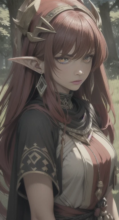 Extremely realistic shading, masterpiece, extremely detailed, photorealistic, red hair, Yellow eyes, Tan skin, Supreme arcane, Hylia, Sheikah everywhere, Hylia covered in tribal garb, Yggdrasil tribe, glaring at a viewer confused, pointed ears, tree Hut in background,