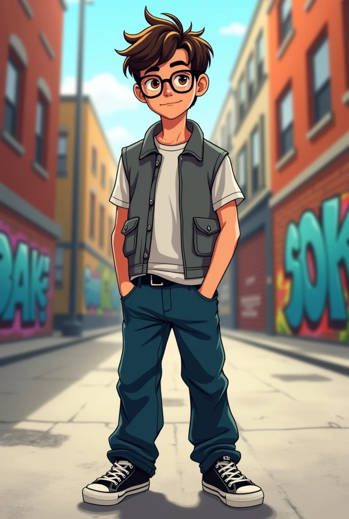 A 21 year old teenager is wearing a grey vest that is too big for him but he looks good and cute. He is also wearing some dark blue baggy jeans that he holds up with a belt that cannot be seen through the vest and he is also wearing black Converse. His hair is dark brown and is a little messy., He has slight dark circles under his amber eyes, His eyes are covered by glasses that make his face look good 
(drawing style) 