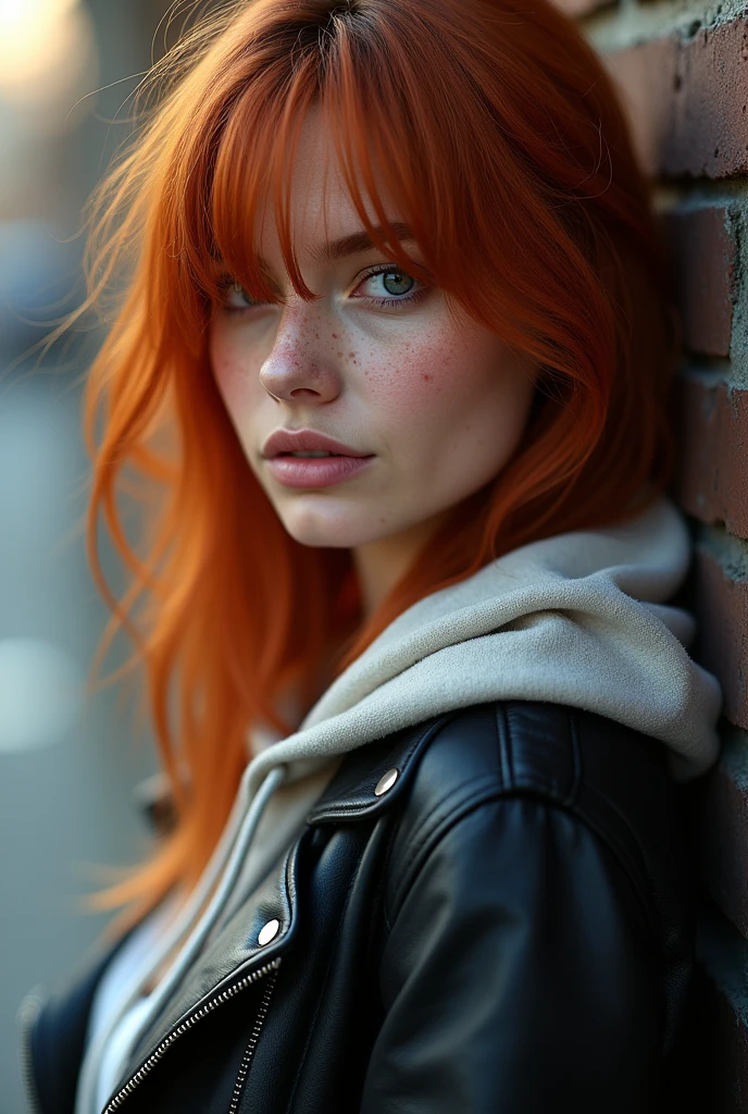 a photo of a seductive woman with loose styled (redhead hair:1.1), bored, she is wearing a hoodie and black leather jacket, mascara, (textured skin, skin pores:1.1), (moles:0.8), imperfect skin, goosebumps, flawless face, (light freckles:0.9), (sun-kissed:1.1), ((photorealistic):1.1), (raw, 8k:1.3),
