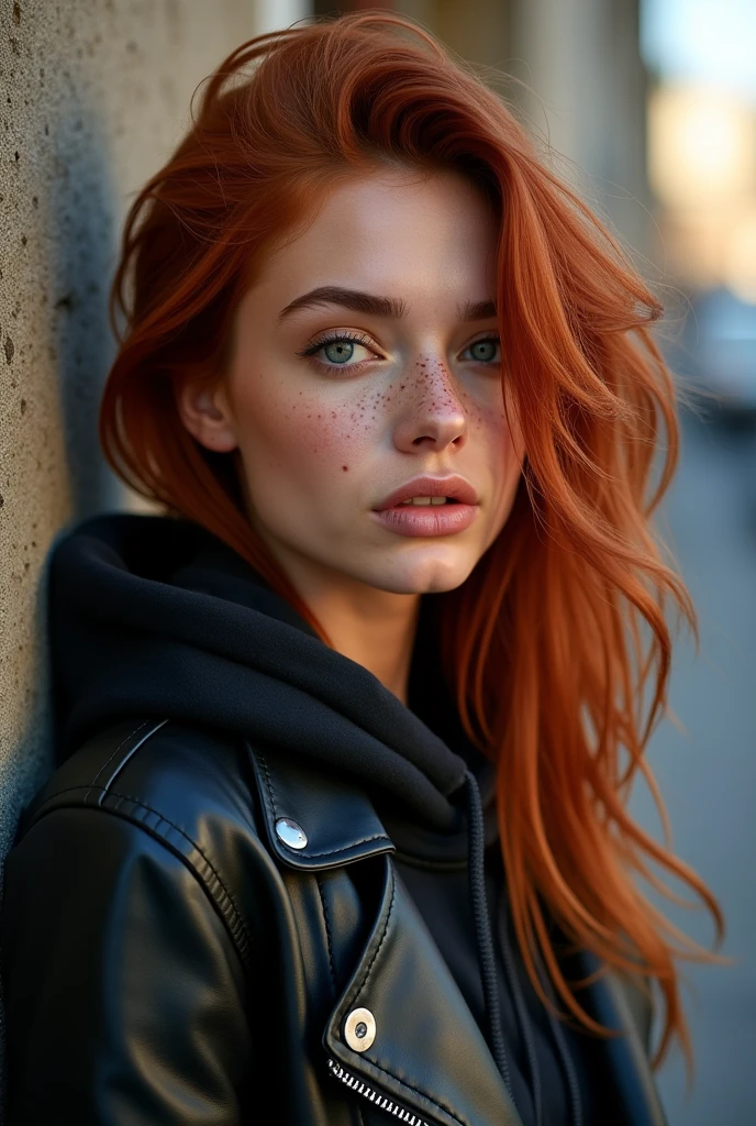 a photo of a seductive woman with loose styled (redhead hair:1.1), bored, she is wearing a hoodie and black leather jacket, mascara, (textured skin, skin pores:1.1), (moles:0.8), imperfect skin, goosebumps, flawless face, (light freckles:0.9), (sun-kissed:1.1), ((photorealistic):1.1), (raw, 8k:1.3),