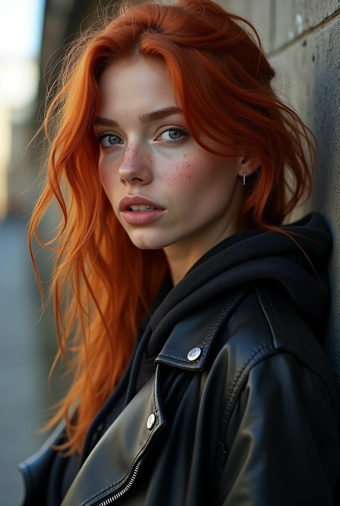 a photo of a seductive woman with loose styled (redhead hair:1.1), bored, she is wearing a hoodie and black leather jacket, mascara, (textured skin, skin pores:1.1), (moles:0.8), imperfect skin, goosebumps, flawless face, (light freckles:0.9), (sun-kissed:1.1), ((photorealistic):1.1), (raw, 8k:1.3),