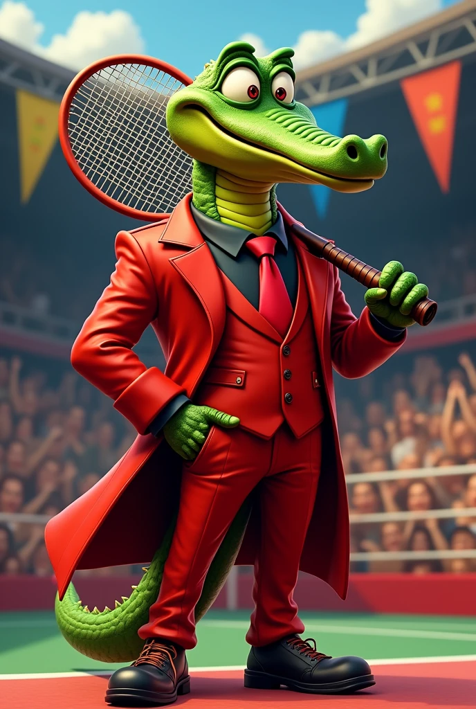 Cartoon crocodile dressed like Jim Cornette, carrying a tennis racket, wearing eyeglasses, a red suit, with a red overcoat, a black shirt, and red tie
