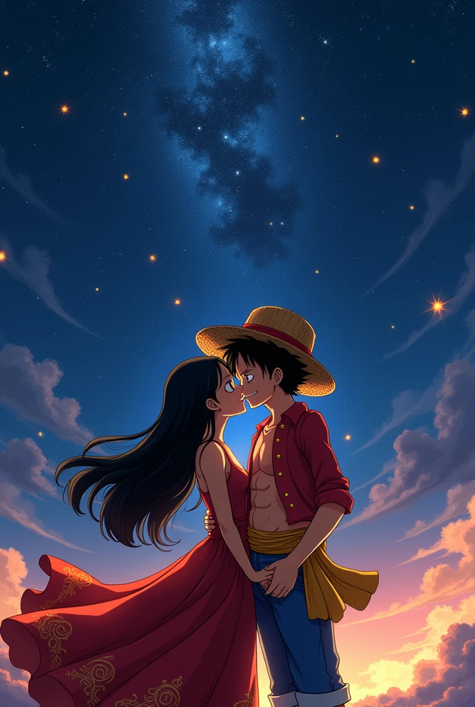 Boa and Luffy kissing under a shower of stars.
As close to your original drawings as possible 