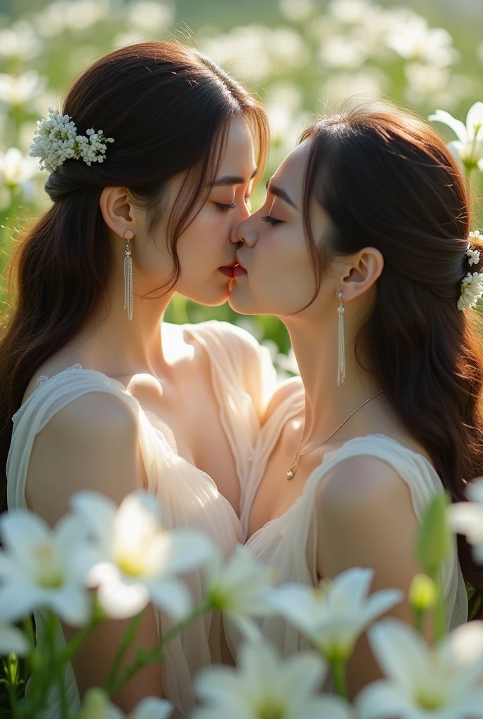 (Highest quality、Tabletop、8k、Best image quality、Award-winning works)、(Two beautiful women deep kissing:1.1)、(Lesbian:1.1)、(Close-up of face:1.4)、Lily hair ornament、(Perfect deep kiss:1.2)、(Kiss closeup:1.2)、(A neat and tidy white see-through dress:1.1)、Large Breasts、Voluptuous body、Beautiful elegant wavy hairstyle、(Lily field:1.1)、(Lots of beautiful lilies:1.1)、(Surrounded by many lilies:1.1)、Perfect beautiful glossy lips、(Accurate anatomy:1.1)、Glowing White Skin、Very white skin、Most romantic、Spectacular Cinema Lighting、Tyndall effect naked nude full body armpits 