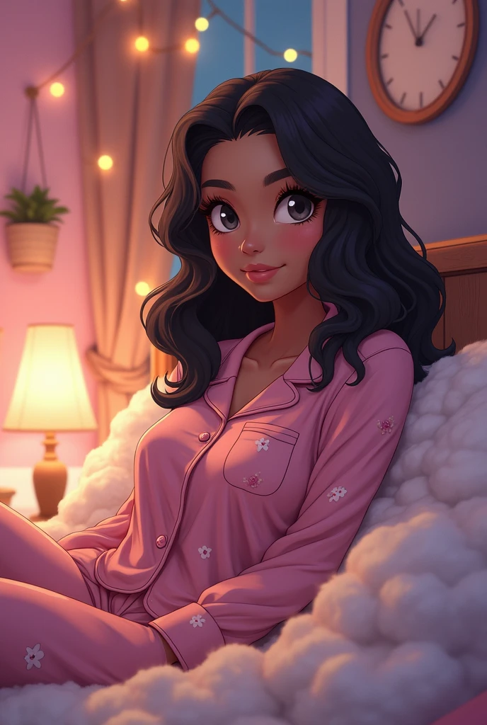 Latina anime beautiful woman with grey eyes and tan skin. She loves pink, dresses cute and has big boobs. Sitting on a bed in cute pajamas at night