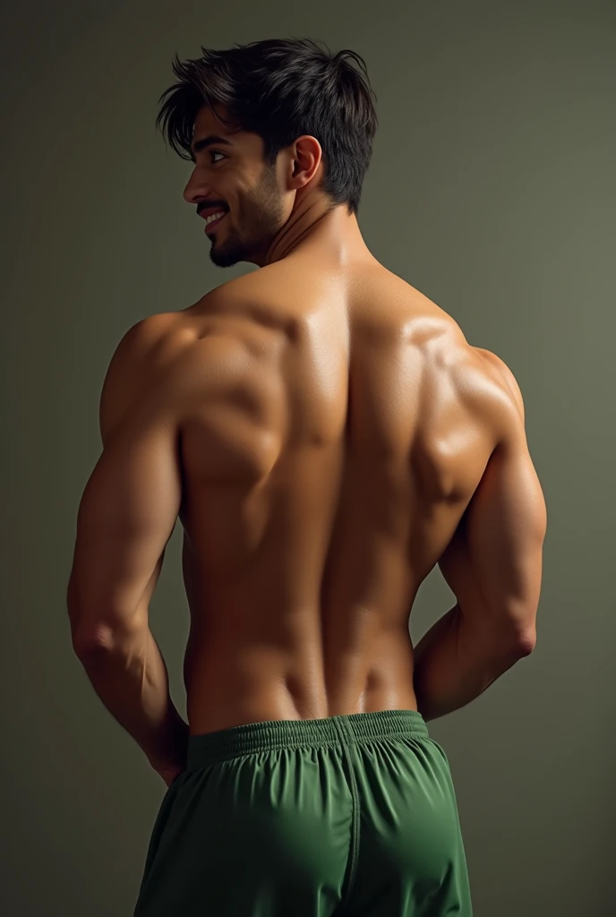 leo alvarez, muscular, bara, wolf tail, tail, (posing:1.3), (soft shading), 4k, hi res, five fingers, detailed hands, ((detailed face, (detailed eyes:1.0), detailed)), by zackarry911, by zaush, (by personalami:0.5), solo, looking at viewer, smile, 1boy, underwear, ass, male focus, sweat, looking back, pants, username, from behind, back, undressing, topless male, male underwear, pants pull, green pants, boxers, big penis