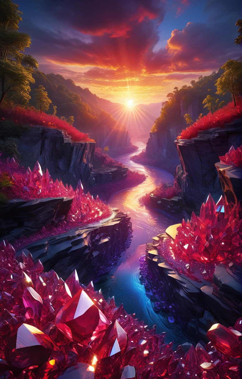 art by Phil Koch, detailed digital painting, Scarlet magic crystals on a vast landscape with a river, surrounding lush jungle, sunset color lighting, PURPLE, yellow, blue, ultra very detailed, very detailed, difficult, difficult pose, Clarity, high quality