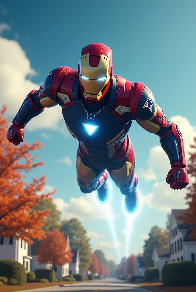 (photorealism:1.2), Iron Man in a New England Patriots jacket flying and shooting a beam from his ARC reactor