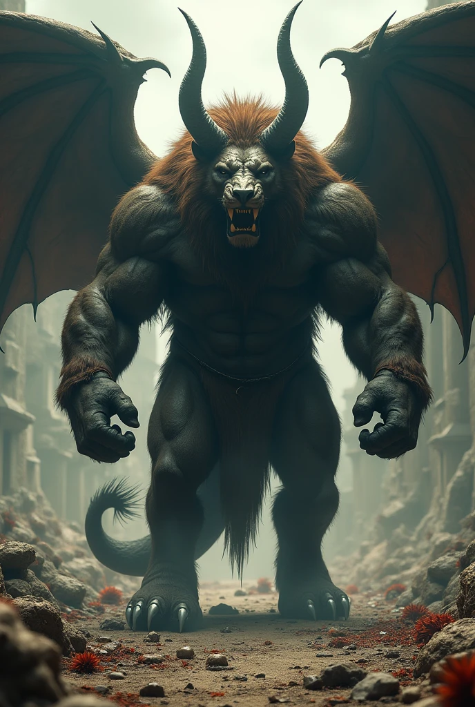 ((ultra detailed, Glossy, seeds, dark fantasy style, high quality)), (Cataclysm:1.4), Medieval apocalyptic environment, (The beast:1.2), Lion face with two huge demon horns, (Biblical destruction:1.3), Zodd the Immortal from Berserk, two demonic wings emerging from his back, fur all over the body, fur on arms, hands and legs, without mane, horse hind legs
