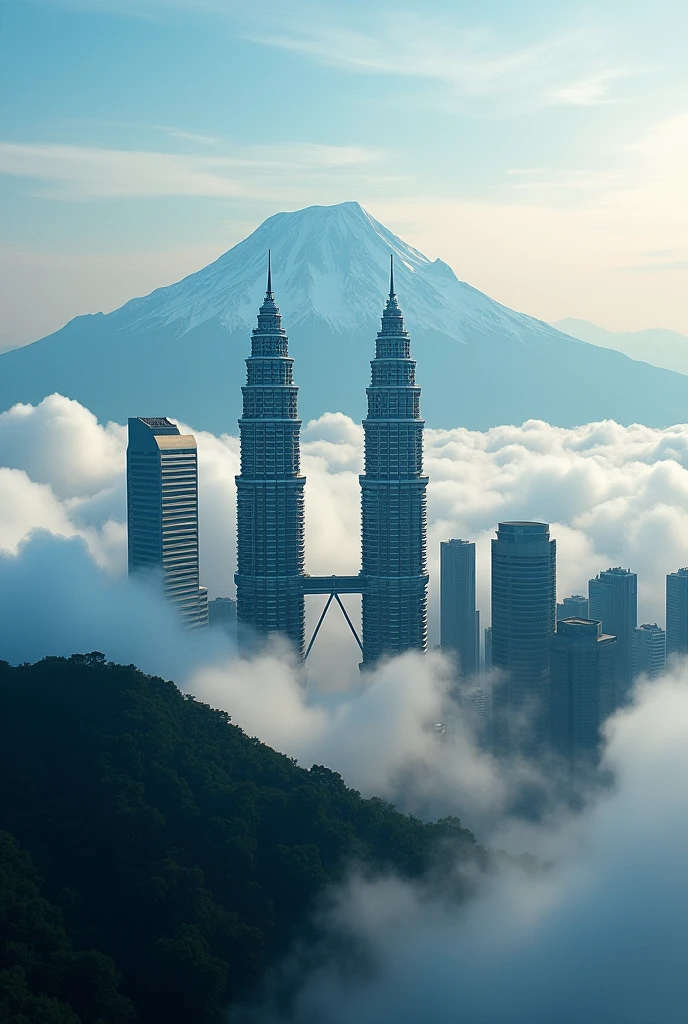 A majestic snow-capped mountain peak, the iconic Petronas Twin Towers soaring high amidst the dramatic landscape, ethereal clouds swirling around the towers, breathtaking aerial view, hyperrealistic, cinematic lighting, dramatic shadows, vivid colors, stunning detail, photorealistic, award-winning composition, masterpiece, 8k, hyper detailed, intricate textures, volumetric fog, dramatic mood, epic scale, sense of wonder and awe
