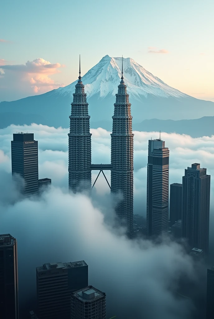 A majestic snow-capped mountain peak, the iconic Petronas Twin Towers soaring high amidst the dramatic landscape, ethereal clouds swirling around the towers, breathtaking aerial view, hyperrealistic, cinematic lighting, dramatic shadows, vivid colors, stunning detail, photorealistic, award-winning composition, masterpiece, 8k, hyper detailed, intricate textures, volumetric fog, dramatic mood, epic scale, sense of wonder and awe