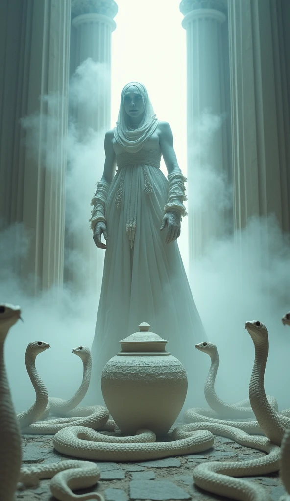 Screenshot, dressed in gorgeous white clothes, pale (lifeless), rough skin, rough texture clothes, anthropomorphic multiple snakes, scary eyes, praying around a huge jar, 5m tall life form, pure white light, detailed skin expression, magnificent classical building background (realistic film lighting, 4K quality, surreal, detailed photo, film style, 35mm, rich and deep color, masterpiece, ultra high resolution, photorealistic, 8k, surrealism, Fujifilm: 1.3), mysterious and beautiful atmosphere, gorgeous and fantastic atmosphere, fog, rough image texture, mysterious atmosphere, spiritual being (not AI image),