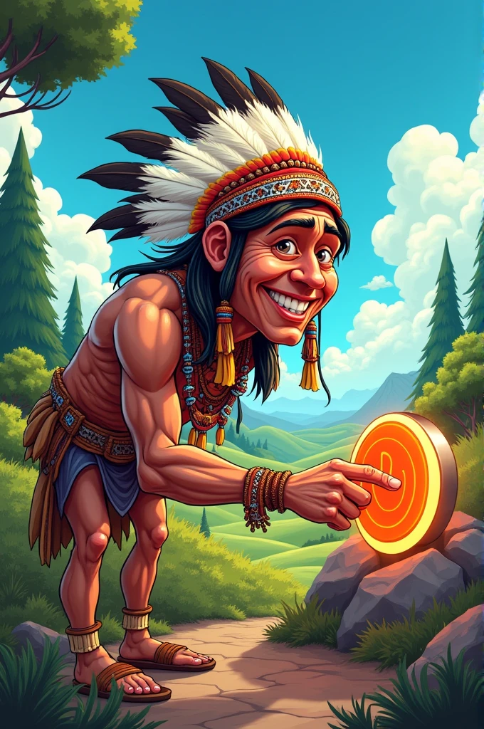A caricature of a native American pressing a power button
