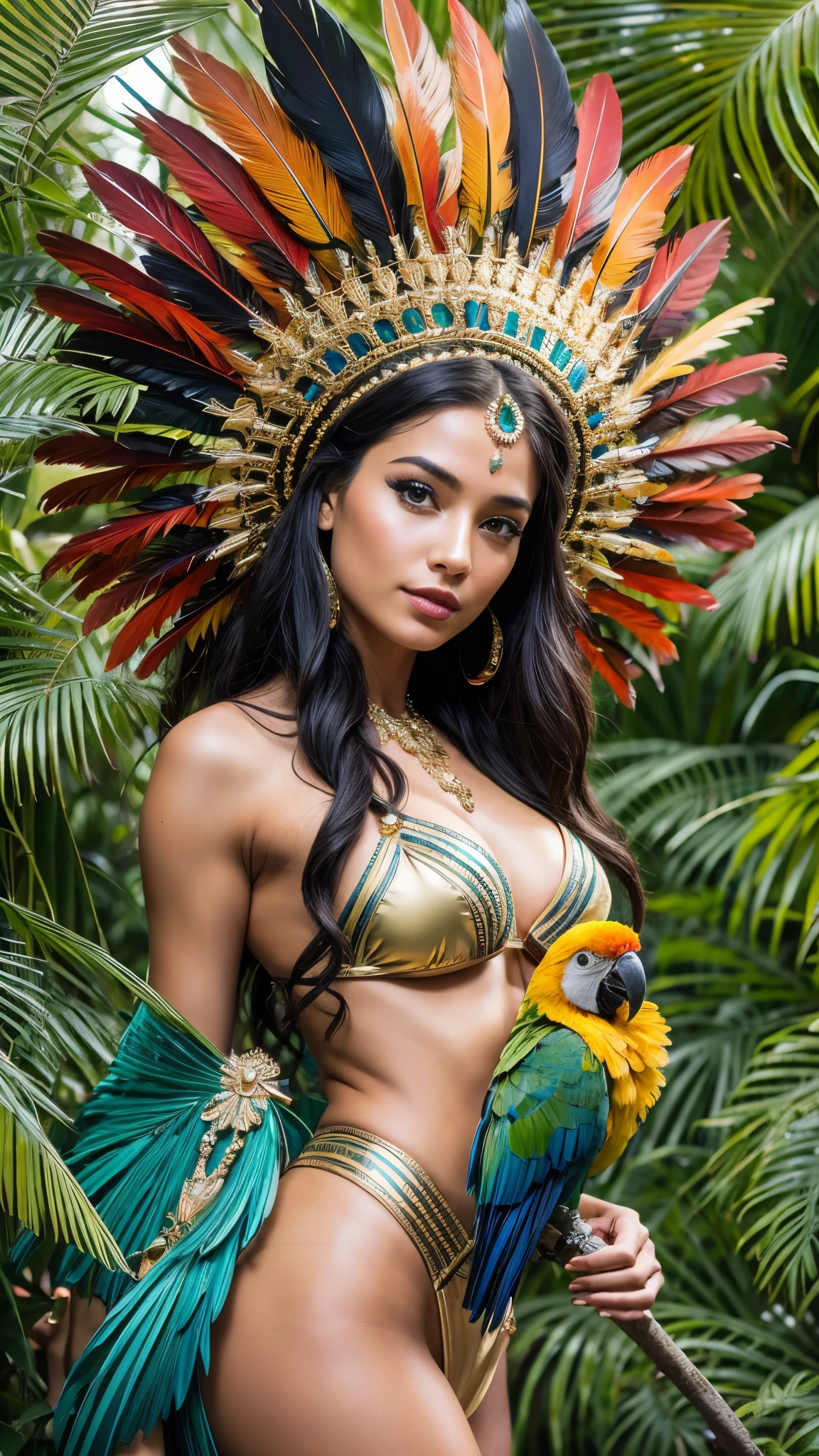 cinematographic, 4K High Definition, best of the best, The most beautiful beautiful woman, Amazonian Princess, wearing a bikini according to, headdress of parrot and macaw feathers, feather crown, lush body, perfectbody, lush body, painted body, ssmile, sensuous, sexly, dynamic pose.