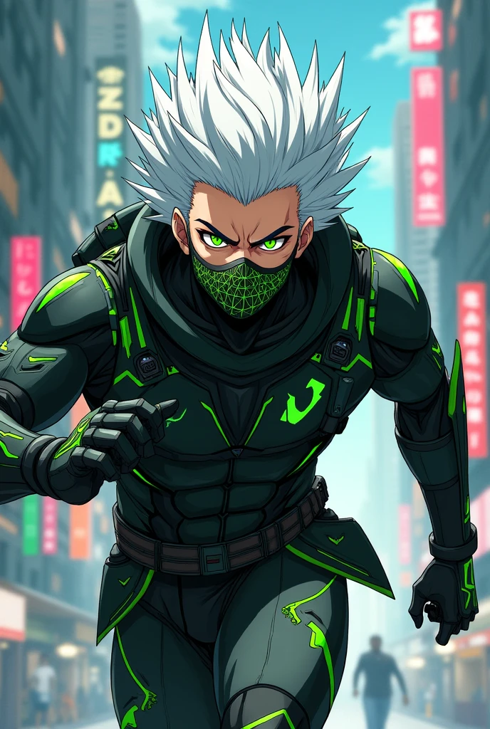 White hair spiked up, greeneyes, Black mask covering the mouth and nose with green details, Technological clothes with green details, he has muscles full body picture. anime dash