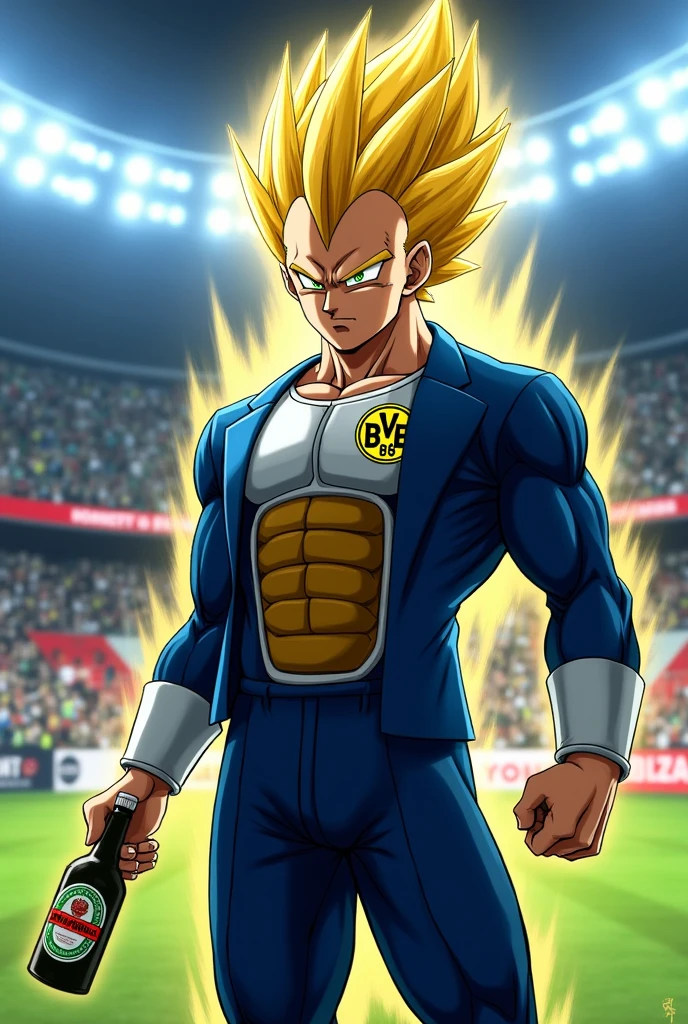 Vegeta transformed into Super Saiyan phase 3 wearing a Borussia Dortmund shirt while drinking Jägermeister in a blue suit.