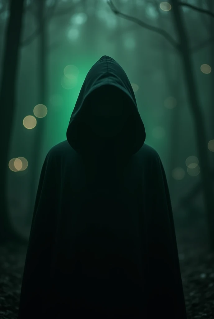 A dark, mysterious image featuring a hooded figure with their face partially obscured by shadows. The figure should have a subtle green glow effect, creating an atmosphere of intrigue and secrecy. The background is dark with some bokeh effects, adding to the overall eerie and enigmatic vibe. The image should not include any text, labels, or graphic elements like bars.