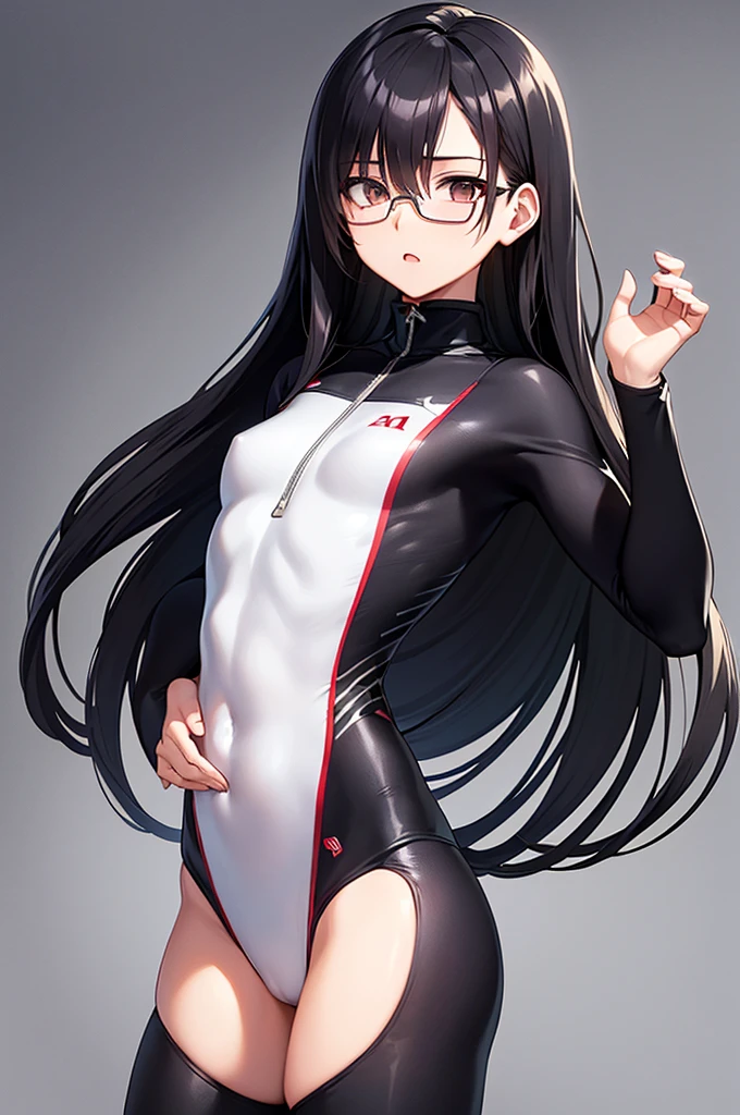 masterpiece, best quality,anime style, 1 girl,(((slender body))), (((small eyes))),(((athlete suit,glasses))), (beautiful face), (((long hair))), (((straight hair))), ((((black hair)))),detailed beautiful skin, (perfect hands, perfect anatomy),scream