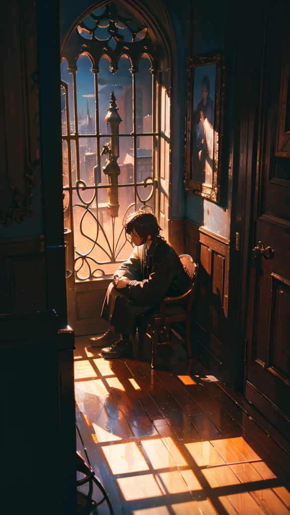 What more do I have to lose for my heart to be forgiven?、How much pain would it take to see you again?, Man sitting on the floor looking out the window, Surrealism, chiaroscuro, cinematic lighting, UHD, high details, best quality, highres, 8k