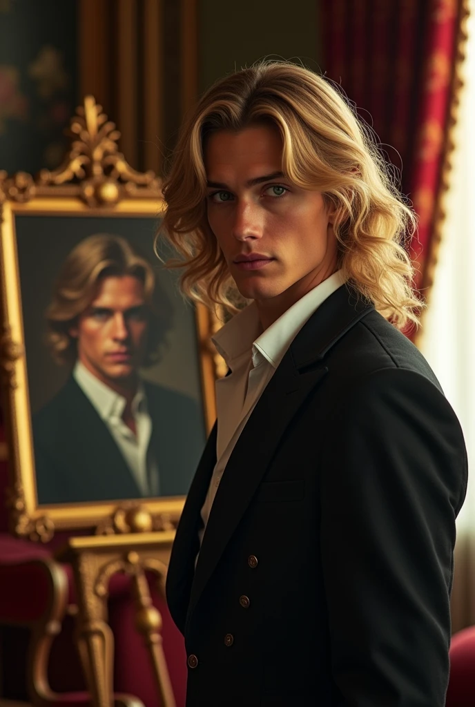 A young handsome gentleman with golden long hair and blue eyes is looking at his portrait
