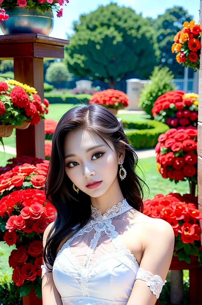 Tzuyu 1, woman, (Realistic), (Hyperrealism), (photoRealistic), Written boundary depth, eye make up:0.7 (whole body:1.8), (Large Bust),(Tight waist), Observe the audience,At the flower garden, Fashion Model, A sexy sheer dress made of all lace with an open shoulder and neckline.