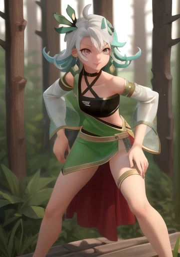 (((masterpiece))),(((Highest quality))),((Very detailed)), ((figure)),((,in the forest )),One person, alone, , Asymmetrical clothing, Removable sleeves, jewelry, , short hair, Earrings, View your viewers, dress, , Multicolored Hair, chest, Brown eyes, Green Hair, , Exposing shoulders, Gray Hair, Green Claws, hair ornaments, Halter neck, whole body,Wicked Smile, Slit Skirt, Beautiful feet