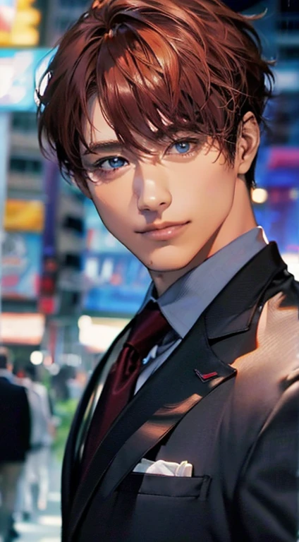 (best quality,4k,8k,highres,masterpiece:1.2),ultra-detailed,(realistic,photorealistic,photo-realistic:1.37),1 man,31 years old,mature man,very handsome,without expression,smile,short grey red hair,blue eyes,penetrating gaze,perfect face without errors,imposing posture,businessman,office background,cinematic lighting,hdr image