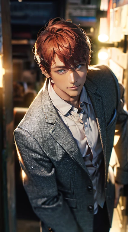 (best quality,4k,8k,highres,masterpiece:1.2),ultra-detailed,(realistic,photorealistic,photo-realistic:1.37),1 man,31 years old,mature man,very handsome,without expression,smile,short grey red hair,blue eyes,penetrating gaze,perfect face without errors,imposing posture,businessman,office background,cinematic lighting,hdr image