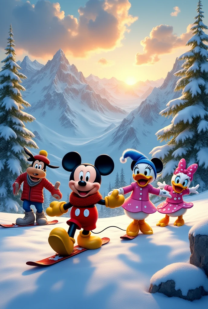 Mickey, minnie, donald, Daisy and Goofy are celebrating on a snowy mountain.
