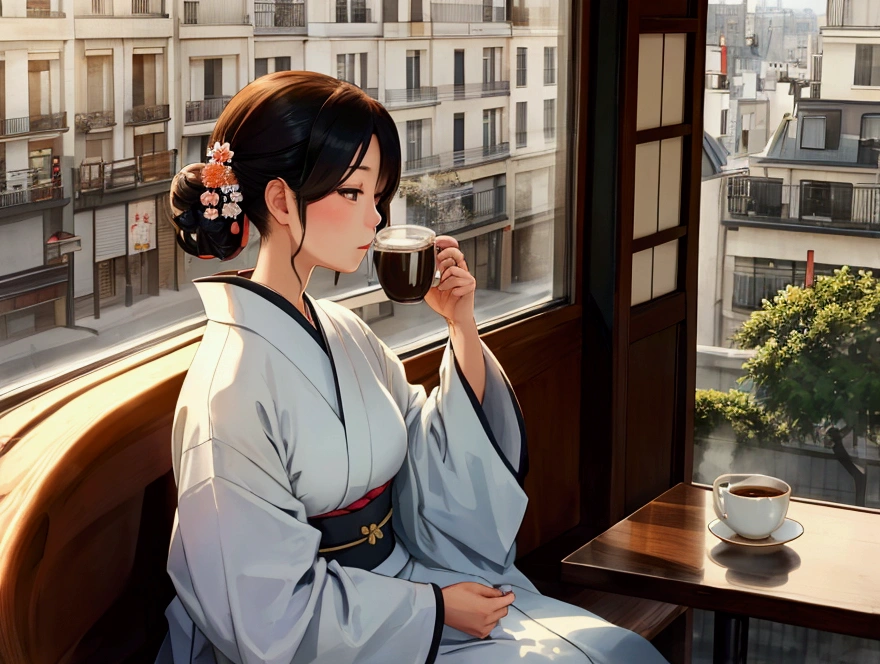 A beautiful Japanese woman in a kimono、Drinking coffee in a Parisian cafe in the morning Morning sun from the window
