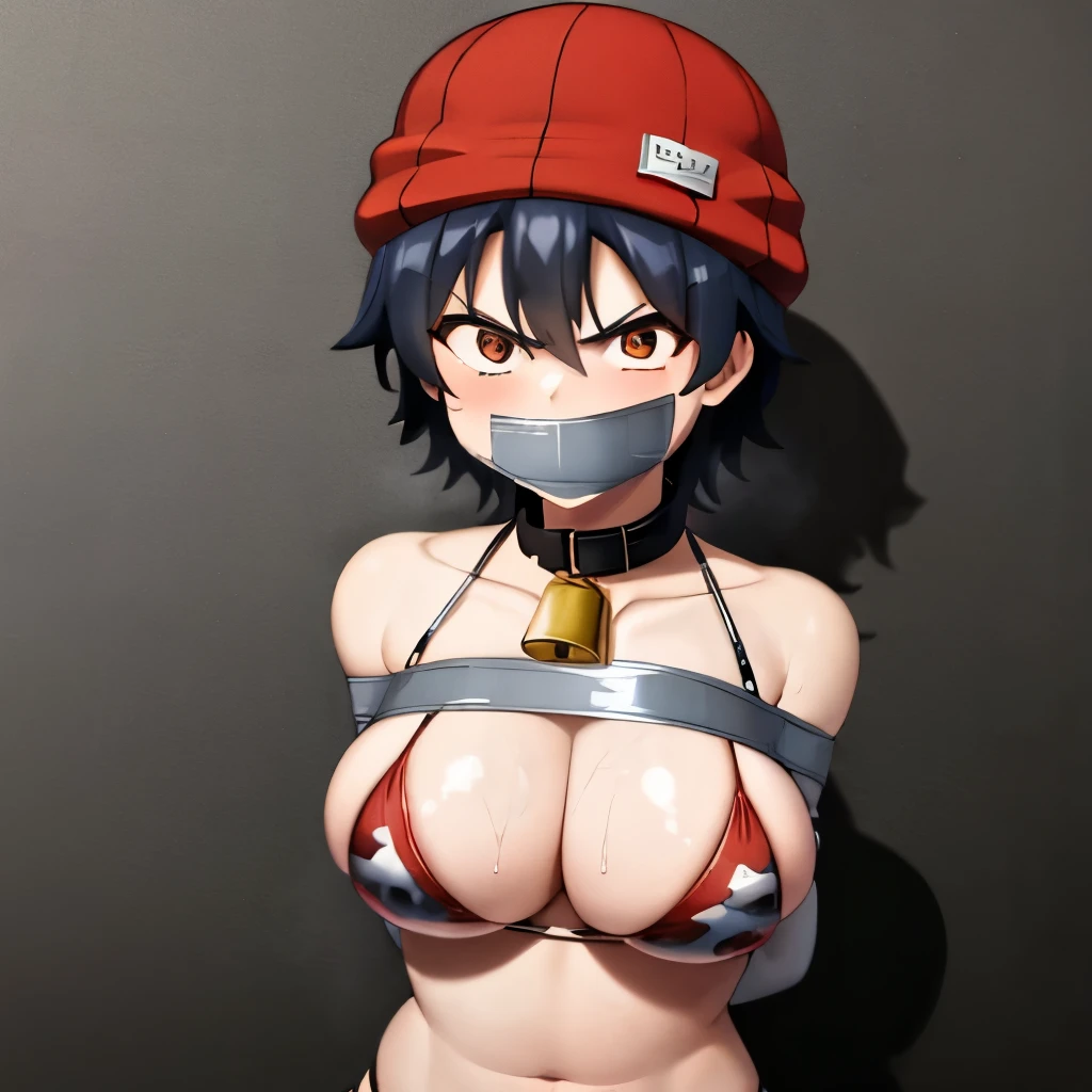 best quality, (masterpiece:1.2), highly detailed,
1girl, solo,
Izumo Fuuko
tomboy
beanie, red beanie, cowprint bikini, thighhighs, elbow gloves, black hair, short hair,hair between eyes, angry, surprised, nervous, looking at the viewer, mouth gagged, mouth taped,
huge breasts, wrists taped, arms taped, arms behind back, tigh highs, cowboy shot, very close to viewer, top down view, collar with bell, leashed,
