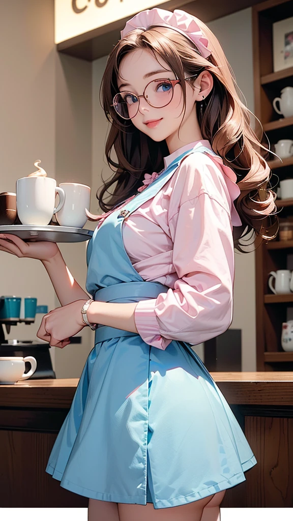 One Girl(High resolution, masterpiece, accurate, Anatomically correct), ((Wearing glasses、A happy look、holding a tray with coffee.))、(Hair the color of water, with ends that are fluffy、Light blue eyes)、(Maid outfit、Pink mini skirt)((Inside a coffee shop))Highest quality, Ultra high definition, High-resolution model, Composition from below
