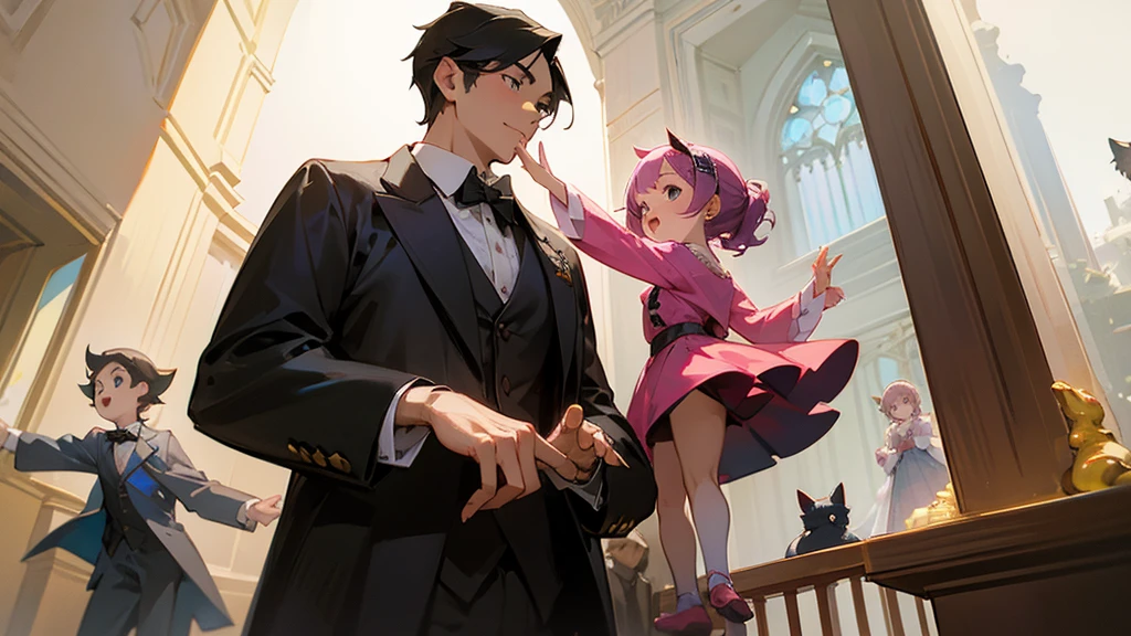 A young man and his wife levitating alongside their two young daughters and 2 cats
