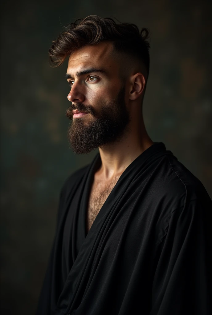 A male stoic philosopher with a well-proportioned and attractive physique, not excessively muscular. He is wearing dark classic tunics, slightly transparent, that gently drape over his body, subtly revealing parts of his shoulder, with a very short and well-groomed beard, and wavy, well-stylized hair. His expression is pensive and introspective. Dramatic lighting casts long, deep shadows, obscuring details and adding to the mystery. Focus on a close-up or medium shot, emphasizing the texture of the fabric and the subtle imperfections that suggest the passage of time. Apply a strong vignette and a touch of grain for a dramatic, timeless effect.E