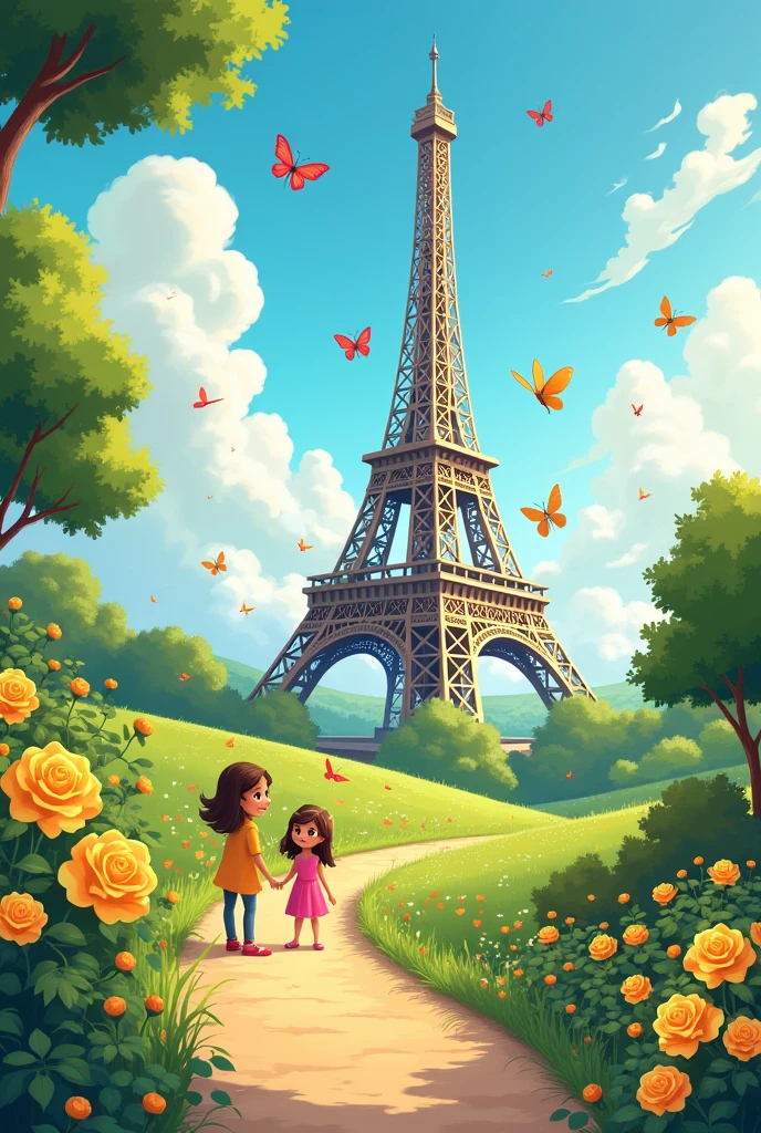 Create a cartoon with an Eiffel Tower on top and a family of 2 daughters., with butterflies , a path with yellow roses
