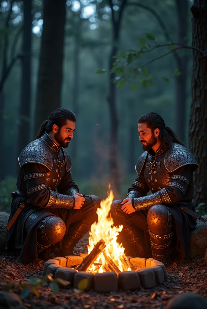 twin brothers, Ladinos in the medieval era with swords in their sheaths, rings and preparing poisonous potions sitting by a bonfire in the middle of the woods