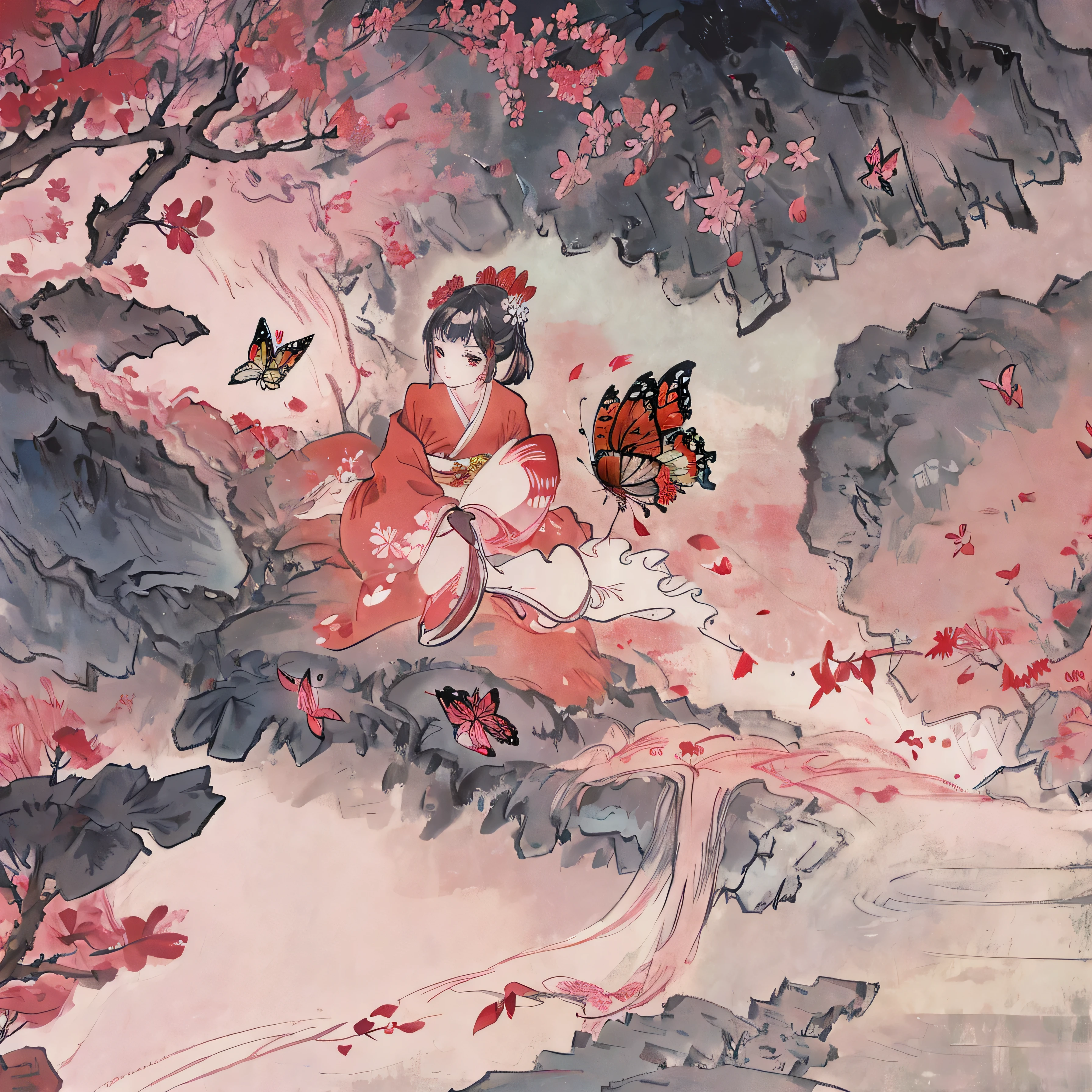 beautiful woman,red kimono, sakura forest, dark night, Beautifully Aesthetic,, peace, tranquility, serenity, petals, butterflies, river