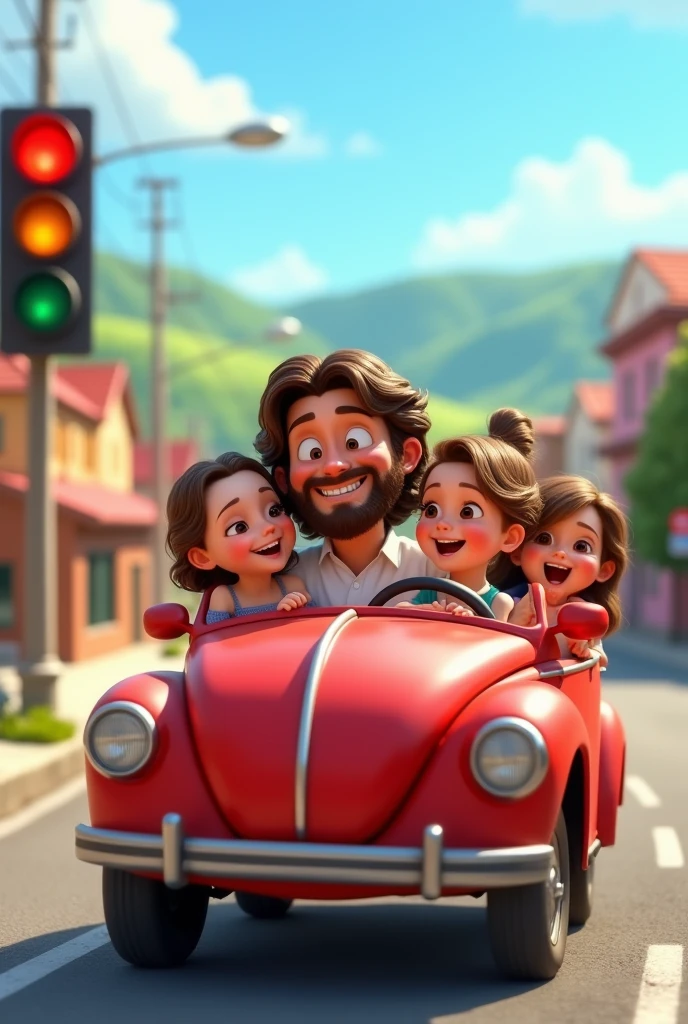 I want an image that has the Disney Pixar style, where Jesus is driving a round car, without hood, with 4 small children in the back seat. He must be driving on a road and behind there is a small town. The image must contain automotive characters with an appearance . Try to make Jesus look less adult, and cuter. The background should be more blurred.. The car should be red and have a traffic light next to it.. Have a backdrop of hills 