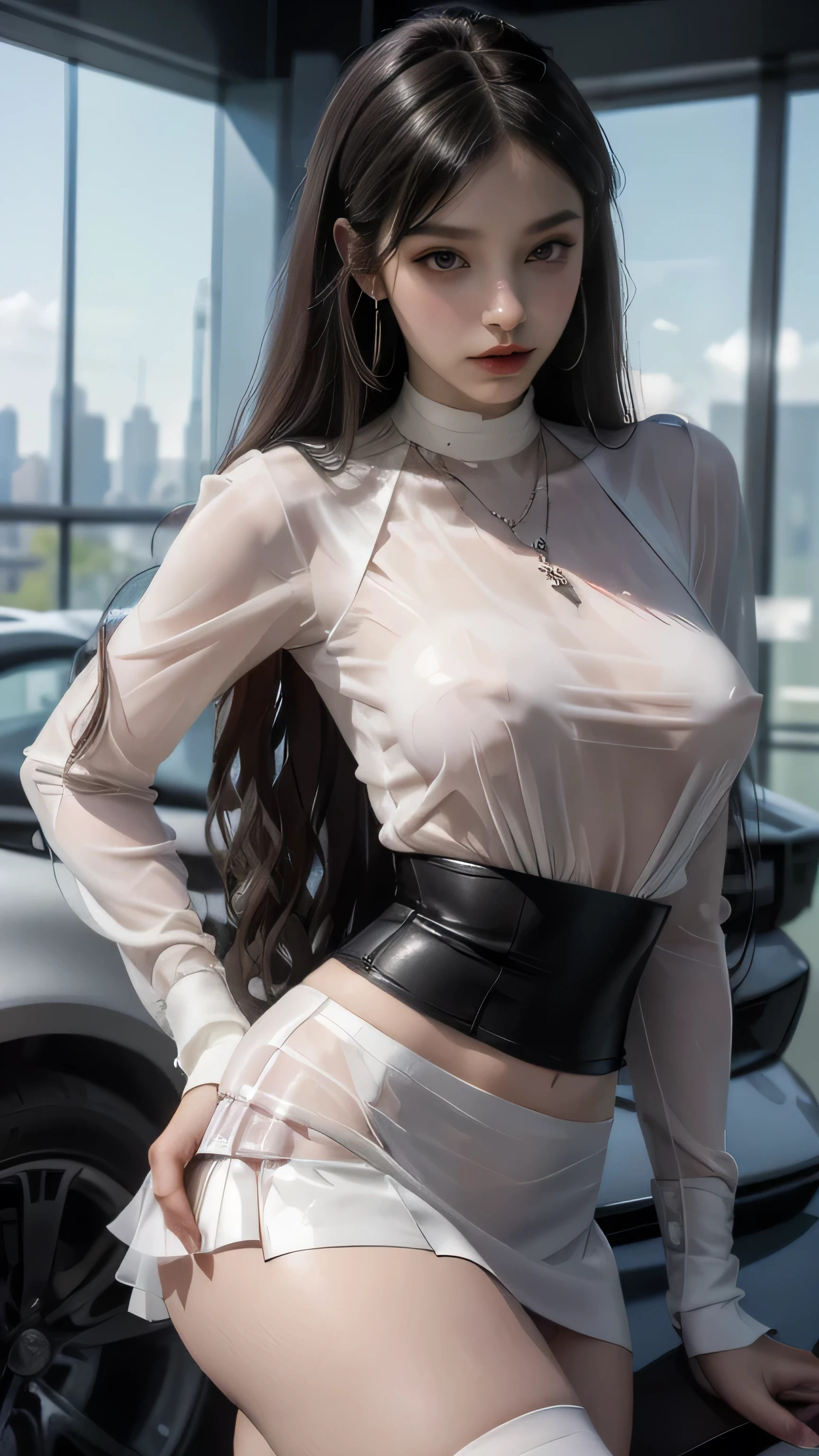 ((new york、A woman sitting in the seat of a sports car on the road.)),(masterpiece, Highest quality, Realistically, work, Very detailed, 8k), ((Wide-angle lens, Full body woman love)), 1 person,light makeup,exquisite features,smile,exquisite crystal jewelry,Heart Necklace,Crystal Headband,Light brown hair, Pompadour Hairstyle, curl,Correct finger structure,((Translucent white blouse、A woman in a black tight miniskirt))、Leather shoes,Long legs,Full body portrait,skyscrapers are hazy、sports car、