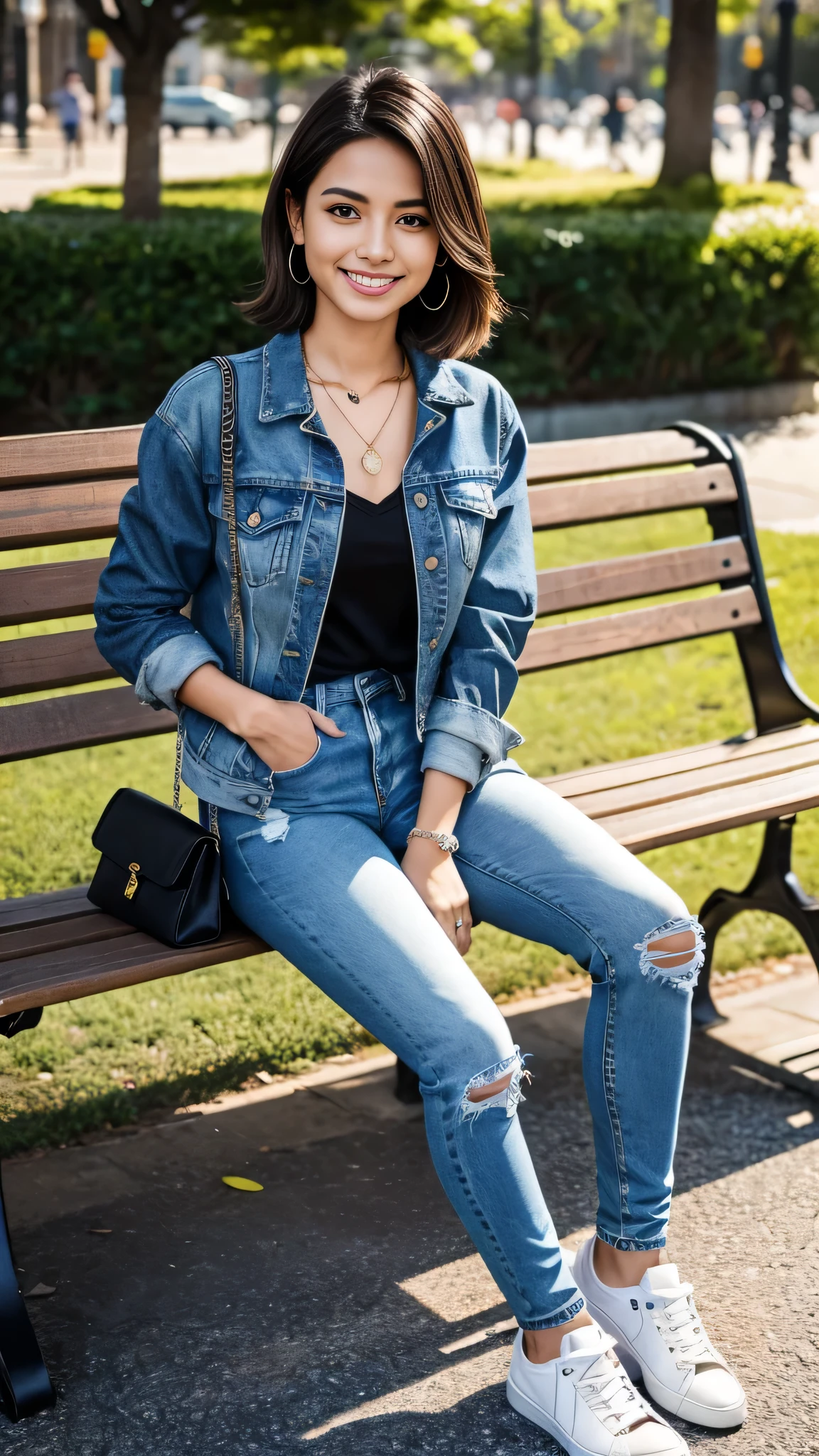 Super Resolution、Clear Brazilian woman、Full body photo、sitting on a park bench、Short Haircut、Ear piercing、、necklace、Denim jacket、shirt、Skinny jeans、sneakers、I'm wearing black socks.、smile、Beautiful teeth alignment
