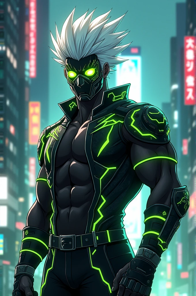 White hair spiked up, greeneyes, Black mask covering the mouth and nose with green details, Technological clothes with green details, he has muscles full body picture. anime dash