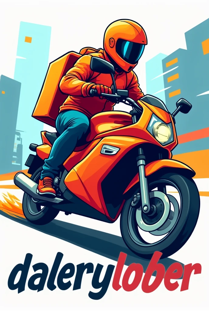 Logo of a delivery man who rides a motorcycle and is seen from the side and is going very quickly to deliver your order, seen from the side, more from the side completely 