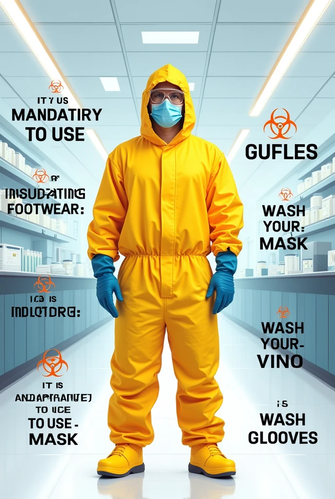 Make me a picture of biosafety rules with these legends
IT IS MANDATORY TO USE INSULATING GLOVES IT IS MANDATORY TO USE SAFETY FOOTWEAR IT IS MANDATORY TO USE GOGGLES IT IS MANDATORY TO USE A MASK IT IS MANDATORY TO WASH YOUR HANDS IT IS MANDATORY TO USE GLOVES BIOLOGICAL RISK