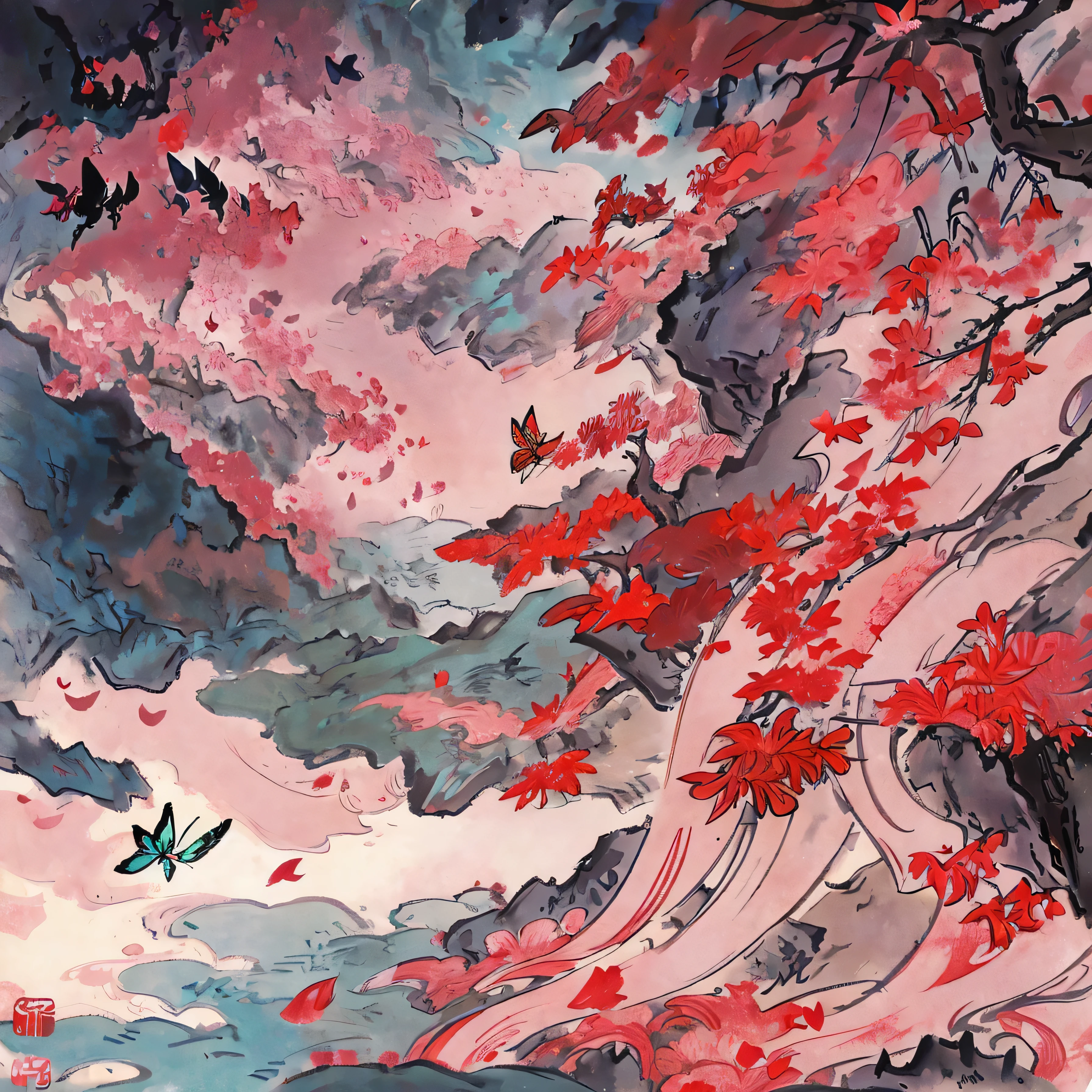 beautiful woman,red kimono, sakura forest, dark night, Beautifully Aesthetic,, peace, tranquility, serenity, petals, butterflies, river