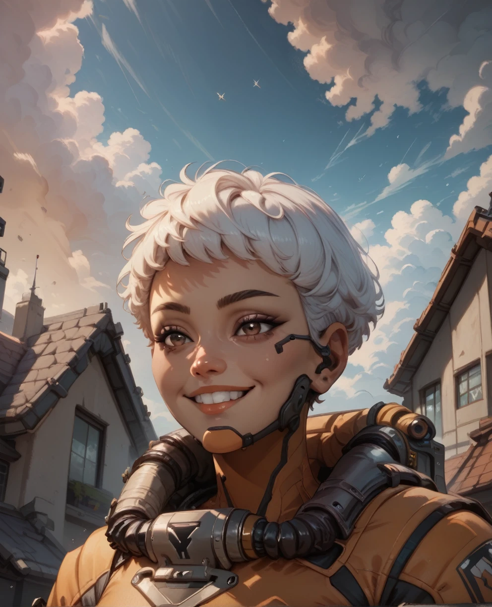 score_9,score_8_up,score_7_up,score_6_up,
kairiimahara,white hair,short hair,brown eyes,
orange bodysuit,smile,
upper body,standing,
science fiction, 
outside,clouds,rooftop,