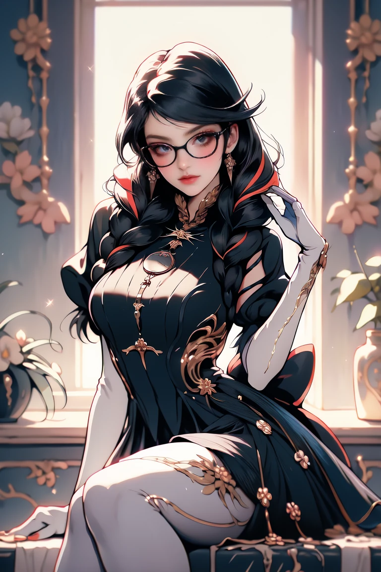 (masterpiece:1.4),(best quality:1.4),(absurdres:1.4),pin-up,bayonetta_3_twintail_aiwaifu,glasses,blue_eyes ,black_hair,long_hair,two-tone_hair,twintails,breasts,jewelry,earrings,gloves,mole_under_mouth,lips,large_breasts,twin_braids,makeup,black-framed_eyewear,bodysuit,elbow_gloves,very_long_hair,lipstick,multicolored_hair,ribbon,amulet,hair_ribbon,dress,thighhighs,white_gloves,eyeshadow,bangs,clothing_cutout,		(absurdres, highres, incredibly_absurdres:1.4),scenery,masterpiece,