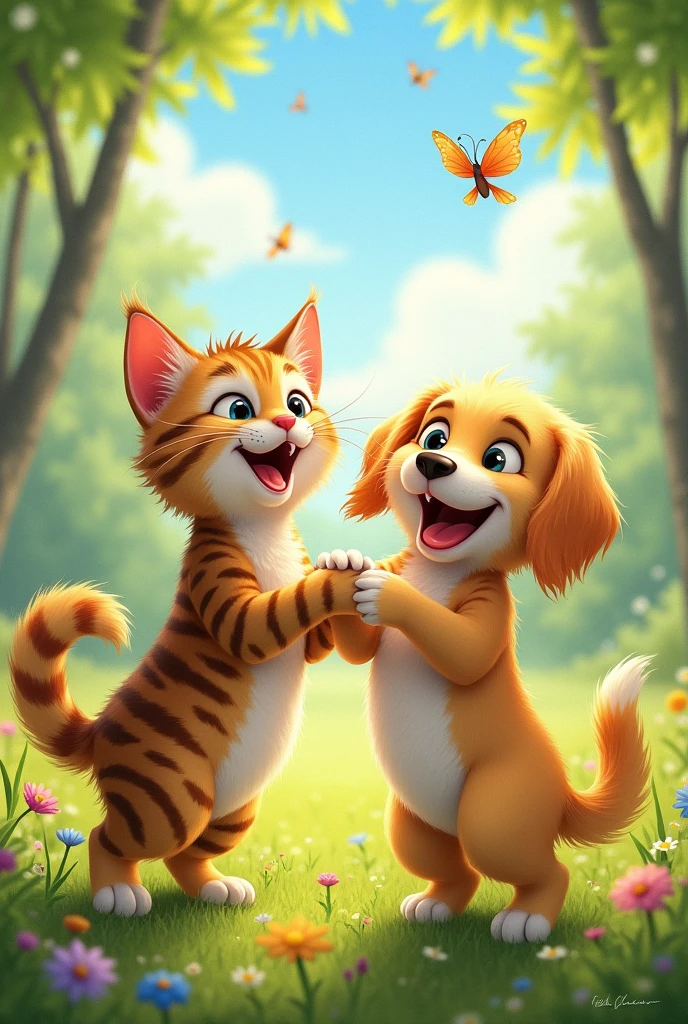 A cat standing on two legs, holding a dog with its paws, both smiling as they dance together in a beautiful nature scenery background