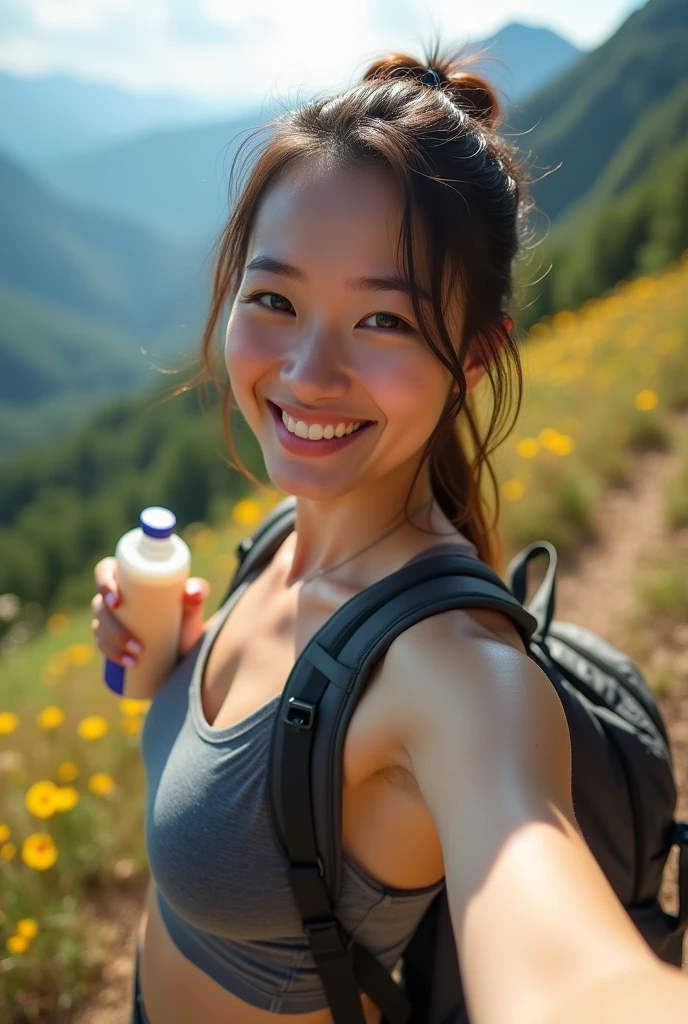 Beautiful Japanese Women, Minami Hamabe, Large Breasts,Tank top,Healthy sex appeal, A smile overflowing with motherly love, Beauty that makes everyone turn their heads, 夏のMountain, hiking, With a backpack, Short sleeve shirt, Outdoorスポーツパンツ, Trekking pants, Trekking boots,short hair:1.2, Realistic, Dark brown hair, smile, ,Are you okay, 33-year-old woman, Cute droopy eyes, White skin, Sweat,Wet lips, Brown eyes, high quality, Ultra-realistic, Upper body selfie, happiness, masterpiece, 最high quality, Very detailed, alone, Outdoor, Mountain, forest, Nature Lee, Hilarious, happiness, I have a water bottle., Shadow, Contrast, sunny, Warm colors, Warm colors調:1.2, close, Cinematic Light, Side light, Ultra-high resolution, Best Shadow, Kodak Vision 3,