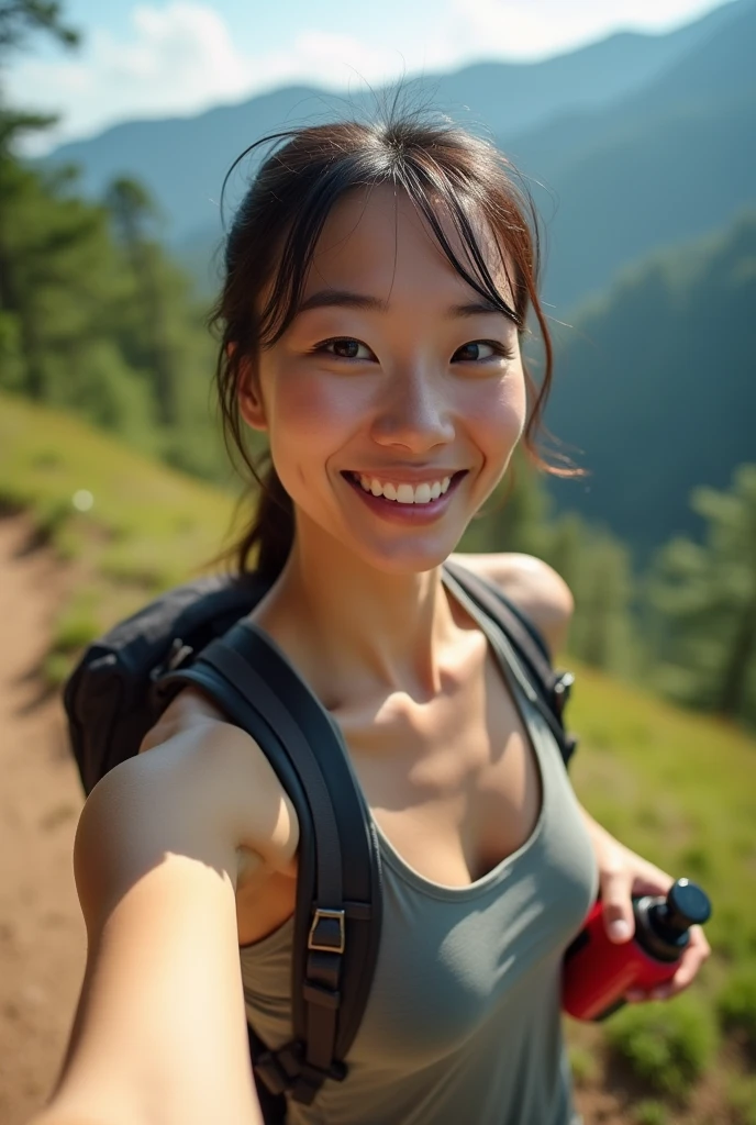 Beautiful Japanese Women, Minami Hamabe, Large Breasts,Tank top,Healthy sex appeal, A smile overflowing with motherly love, Beauty that makes everyone turn their heads, 夏のMountain, hiking, With a backpack, Short sleeve shirt, Outdoorスポーツパンツ, Trekking pants, Trekking boots,short hair:1.2, Realistic, Dark brown hair, smile, ,Are you okay, 33-year-old woman, Cute droopy eyes, White skin, Sweat,Wet lips, Brown eyes, high quality, Ultra-realistic, Upper body selfie, happiness, masterpiece, 最high quality, Very detailed, alone, Outdoor, Mountain, forest, Nature Lee, Hilarious, happiness, I have a water bottle., Shadow, Contrast, sunny, Warm colors, Warm colors調:1.2, close, Cinematic Light, Side light, Ultra-high resolution, Best Shadow, Kodak Vision 3,